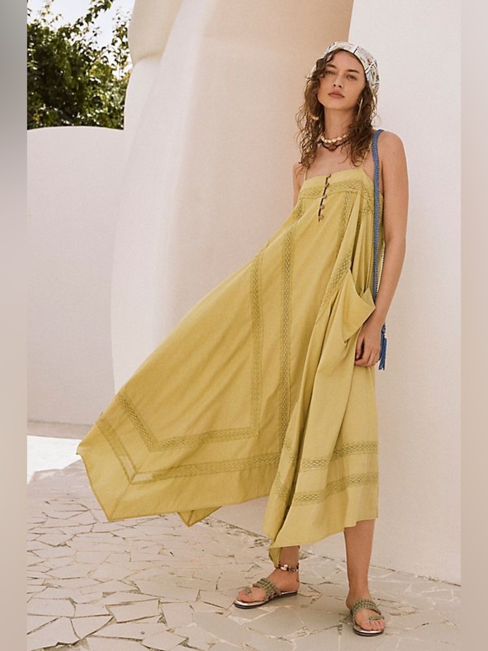 Free People Siesta Maxi Dress XL Oversized Shapeless Asymmetric Hem Crochet Boho